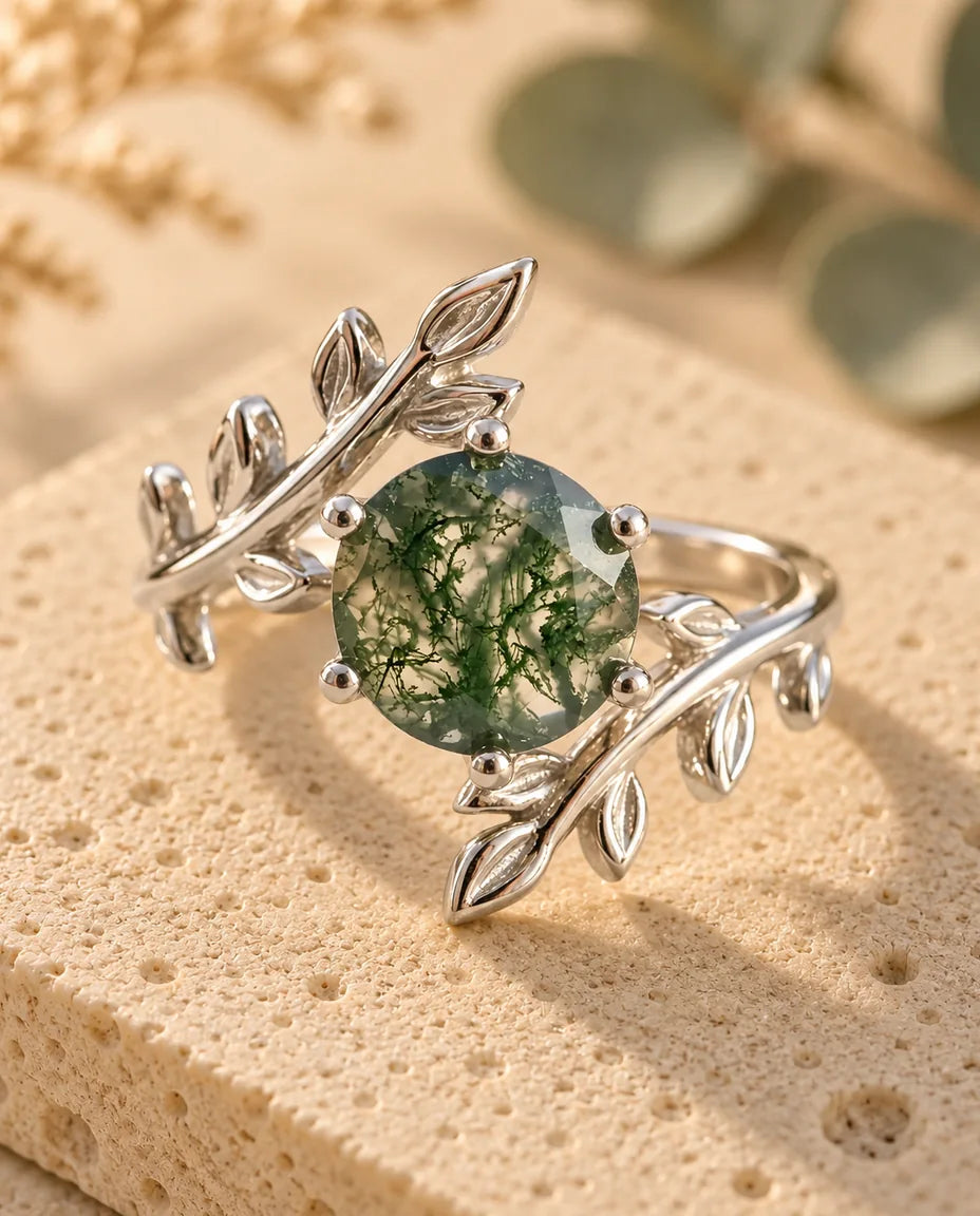 Leaf Moss Agate Ring - three-quarter view