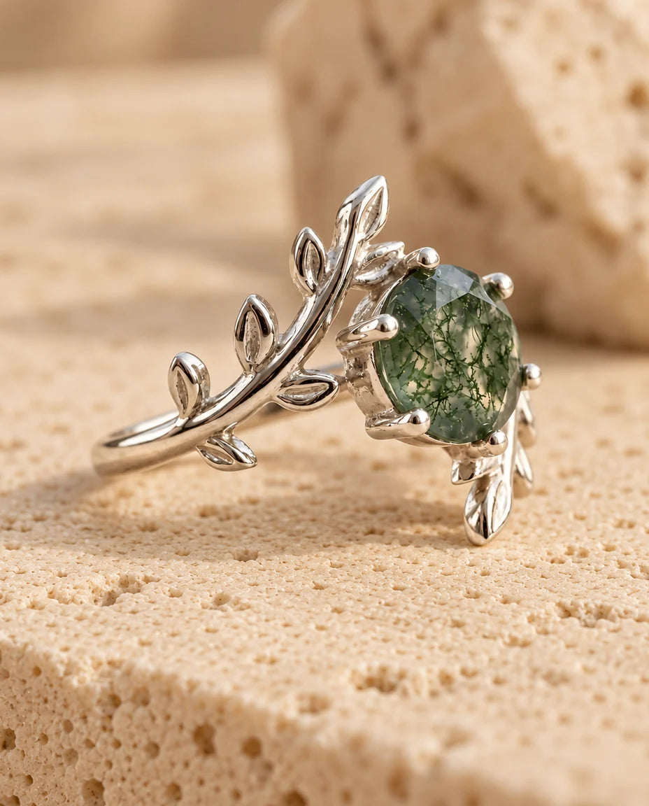 Leaf Moss Agate Ring - low-angle view