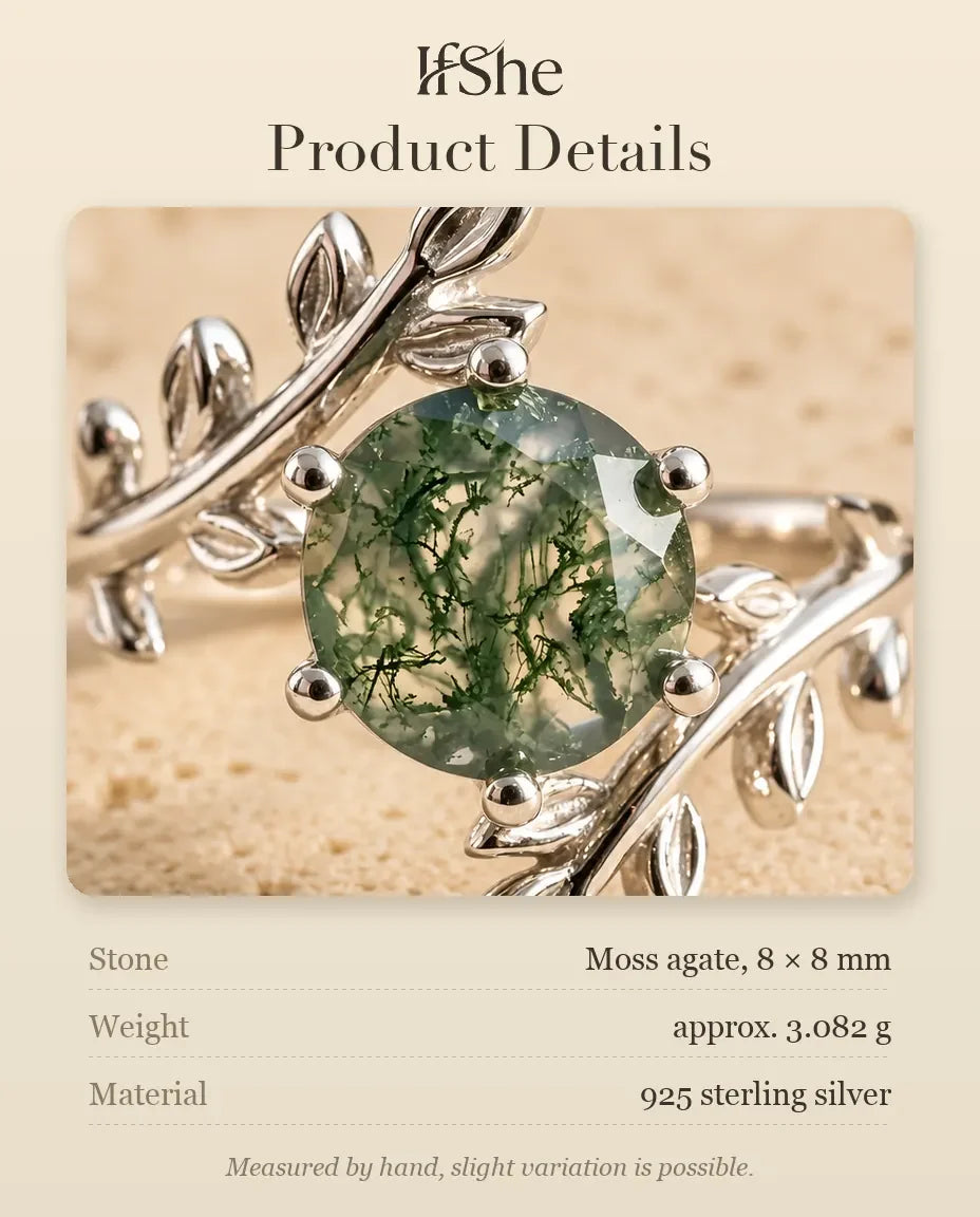 Leaf Moss Agate Ring - size and material details