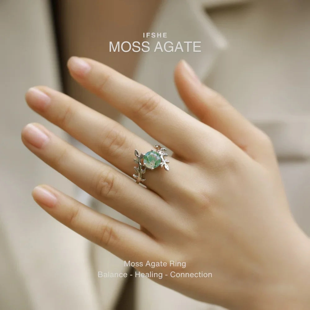 Moss Agate Olive Branch Ring in White Gold Plated Sterling Silver
