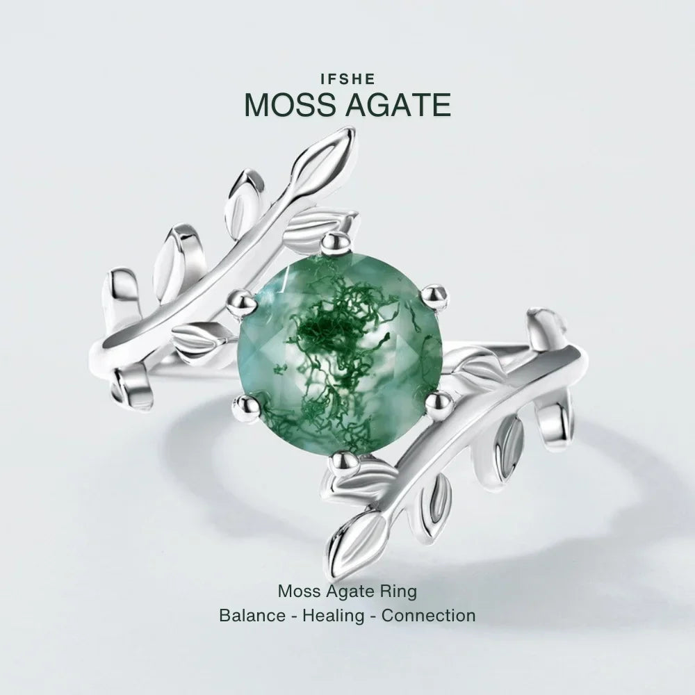 Moss Agate Olive Branch Ring in White Gold Plated Sterling Silver