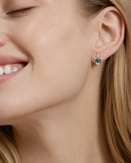 Round moss agate stud earrings with silver olive branch leaves