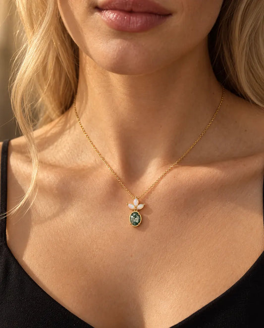 Moss Agate and Opal Drop Necklace in Gold Plated 925 Sterling Silver - worn on a model, close-up at the collarbone