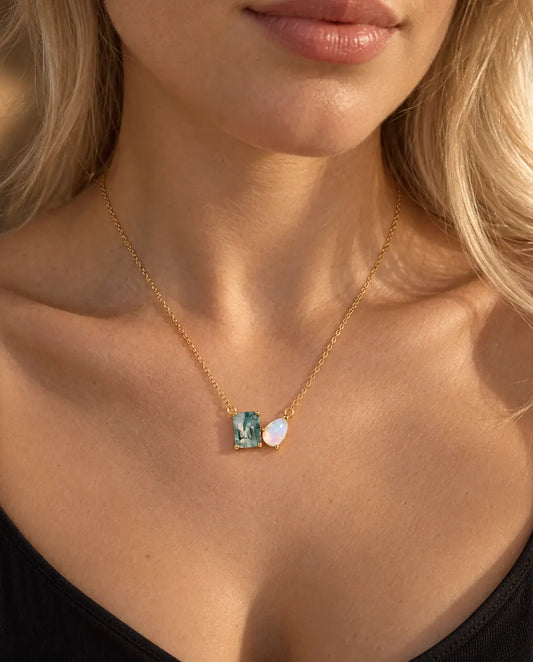 Moss Agate and Opal Necklace in 10K Gold Plated 925 Sterling Silver - worn on a model, close-up at the collarbone