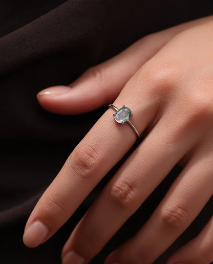 Natural green moss agate oval cabochon solitaire ring in 925 sterling silver