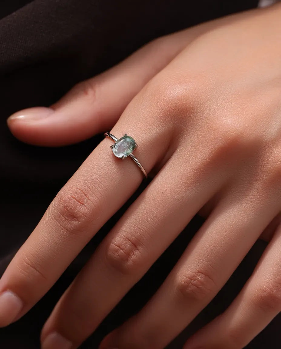Natural green moss agate oval cabochon solitaire ring in 925 sterling silver