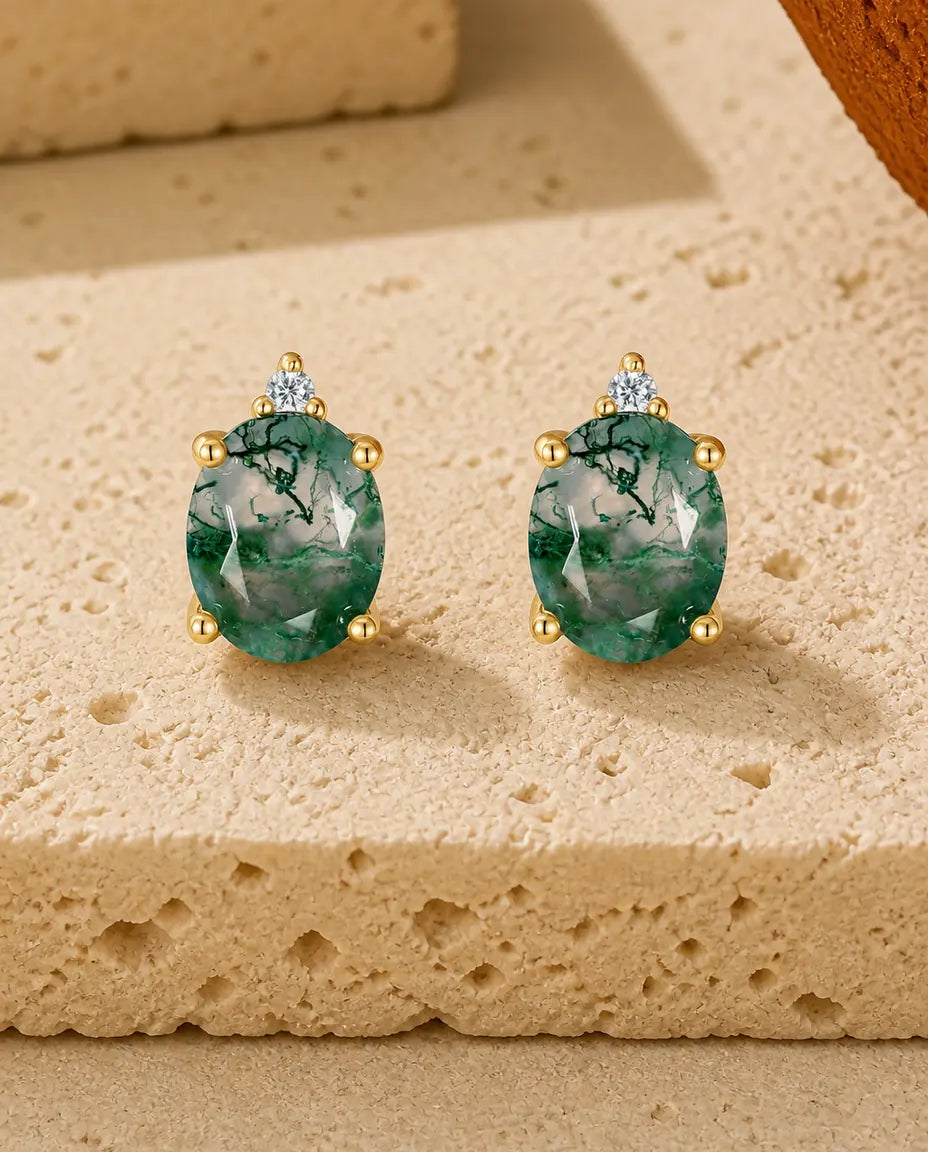 Oval green moss agate stud earrings with a single cubic zirconia in 10K gold plated silver