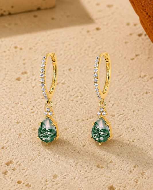 Pear cut green moss agate drop earrings on pave cubic zirconia huggie hoops in gold plated silver