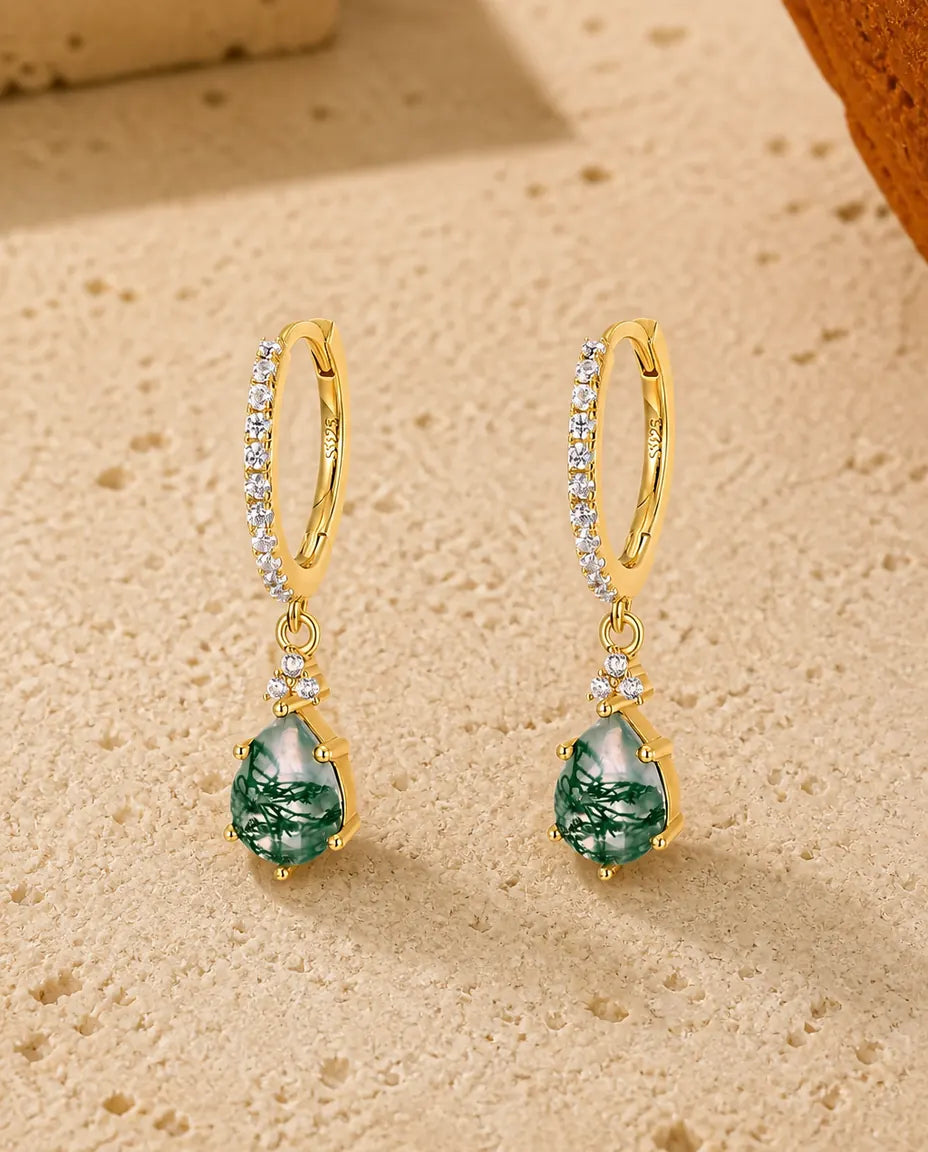 Pear cut green moss agate drop earrings on pave cubic zirconia huggie hoops in gold plated silver