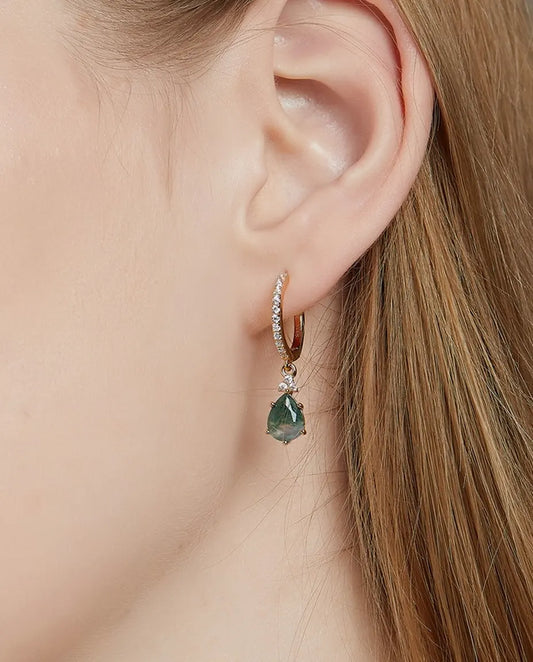 Pear cut green moss agate drop earrings on pave cubic zirconia huggie hoops in gold plated silver