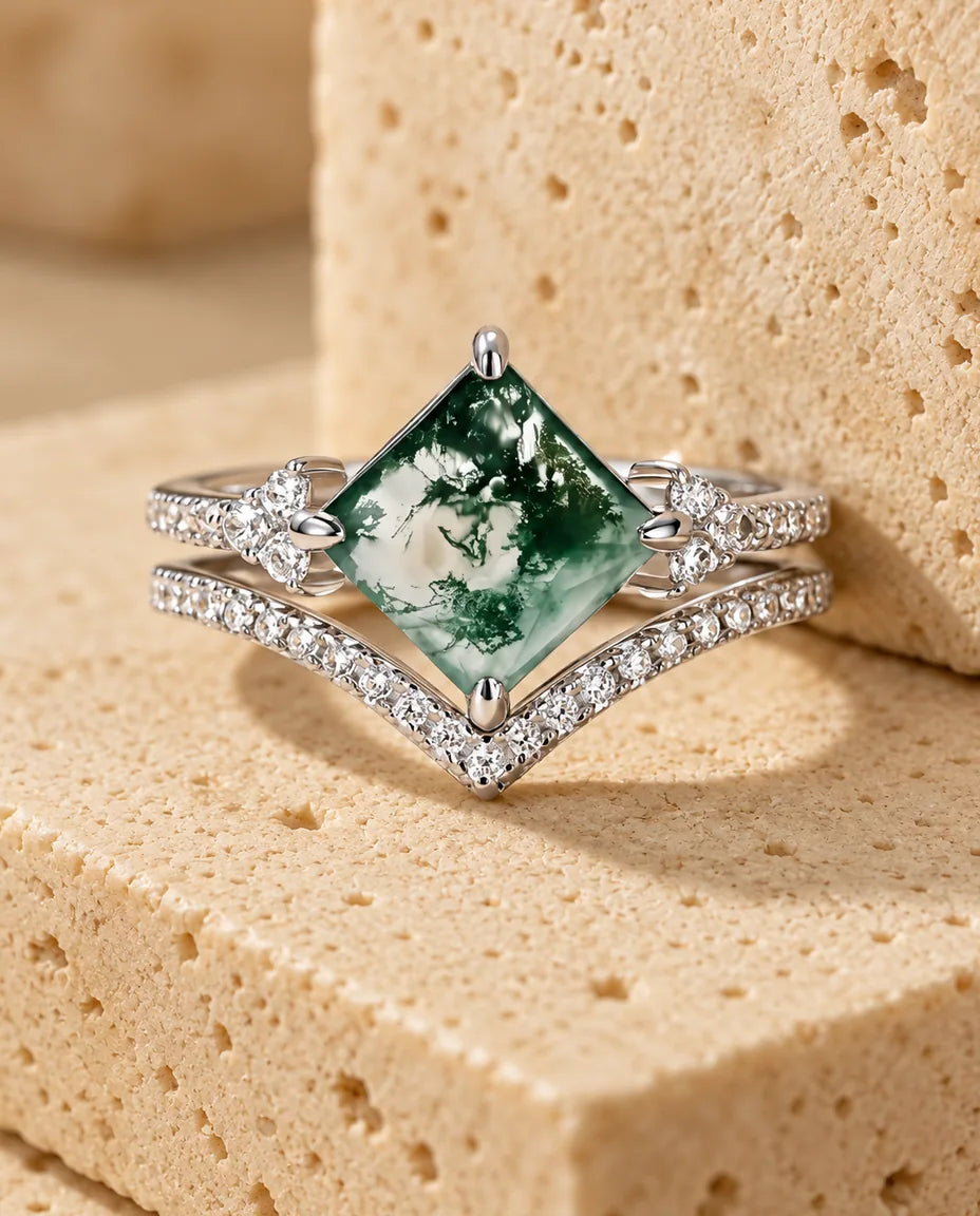 Princess-Cut Moss Agate Bridal Set - the complete set