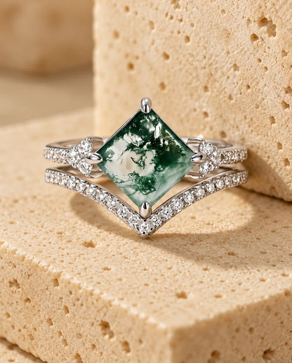 Princess-Cut Moss Agate Bridal Set - the complete set