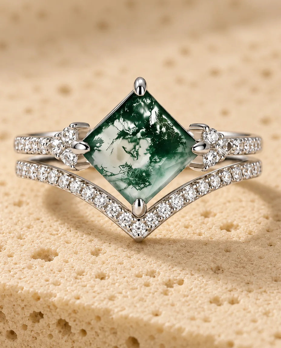 Princess-Cut Moss Agate Bridal Set - close-up of the ring set