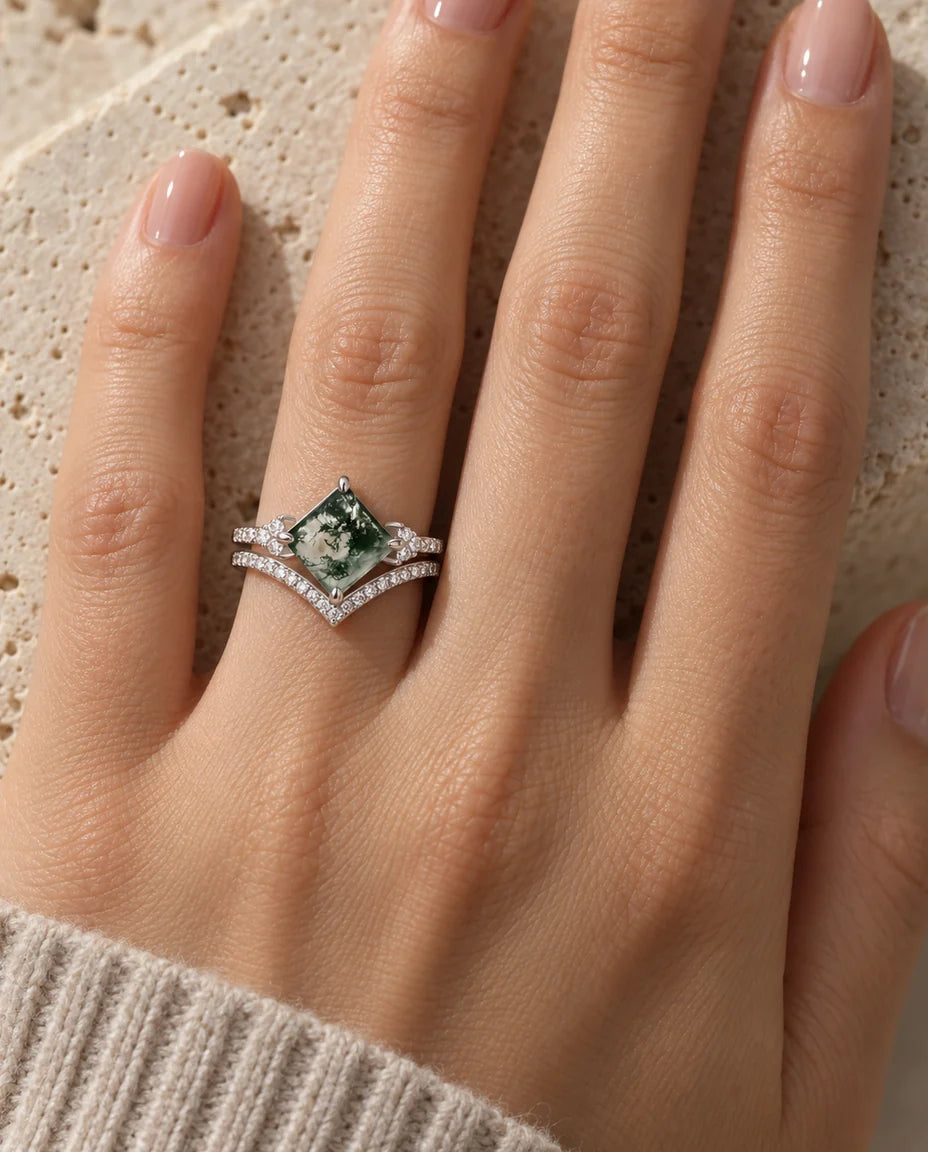 Princess-Cut Moss Agate Bridal Set - worn on the hand, close-up