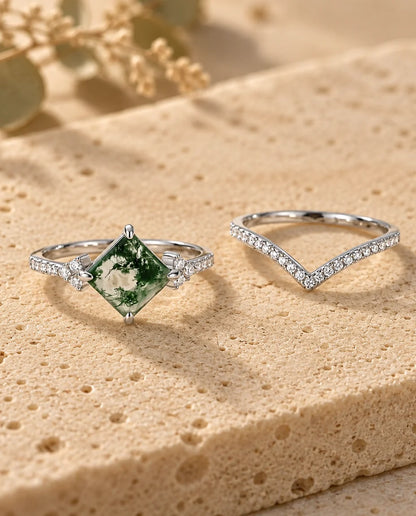 Princess-Cut Moss Agate Bridal Set - the two rings of the set side by side