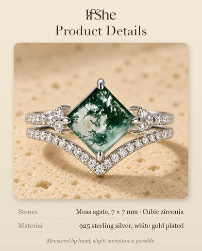 Princess-Cut Moss Agate Bridal Set - size and material details