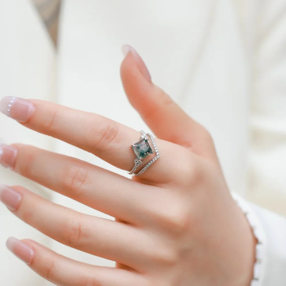 Moss Agate Princess Cut Stacking Ring Set – 2‑Piece 925 Silver Elegance