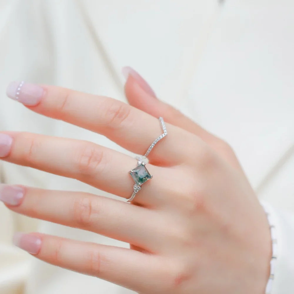 Moss Agate Princess Cut Stacking Ring Set – 2‑Piece 925 Silver Elegance