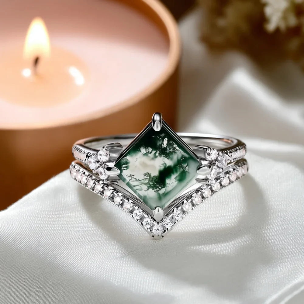 Moss Agate Princess Cut Stacking Ring Set – 2‑Piece 925 Silver Elegance