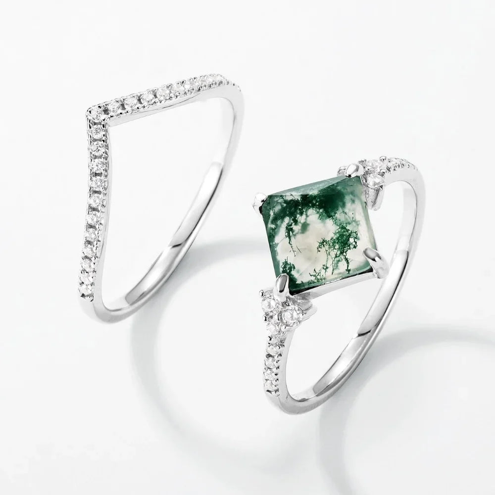 Moss Agate Princess Cut Stacking Ring Set – 2‑Piece 925 Silver Elegance