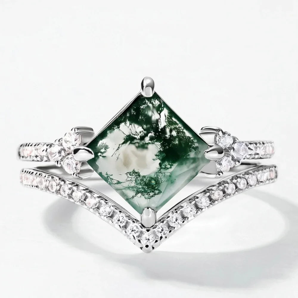 Moss Agate Princess Cut Stacking Ring Set – 2‑Piece 925 Silver Elegance
