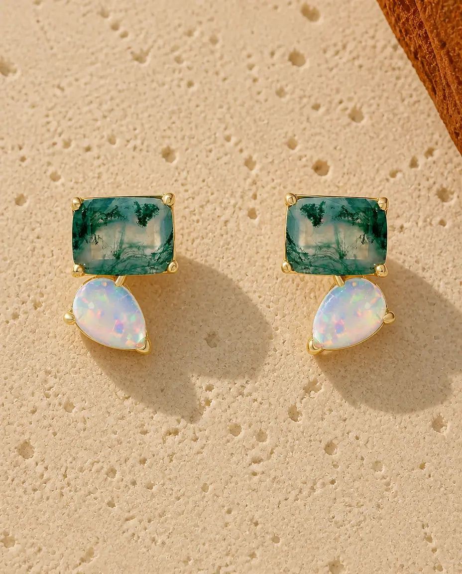 Moss agate and opal gold stud earrings