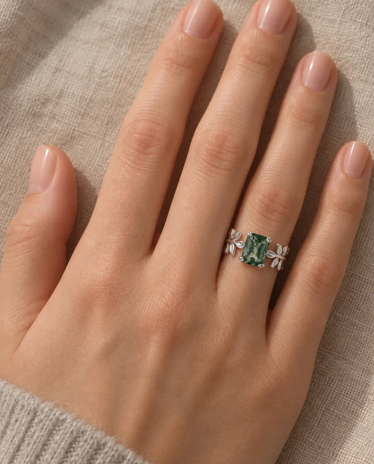 Moss Agate Ring - worn on the hand