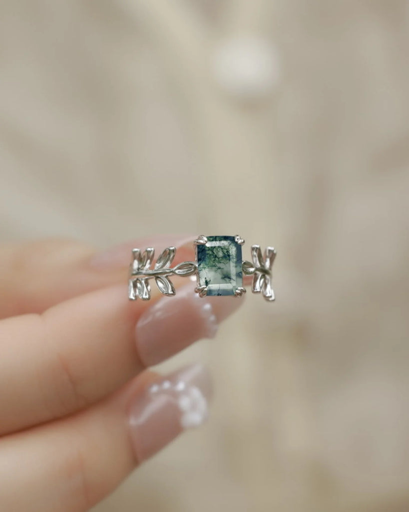 Moss Agate Ring Emerald Cut - Sterling Silver Moss Agate Open Band Ring with Leaf Design