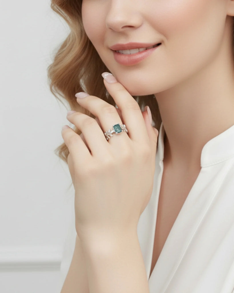 Moss Agate Ring Emerald Cut - Sterling Silver Moss Agate Open Band Ring with Leaf Design