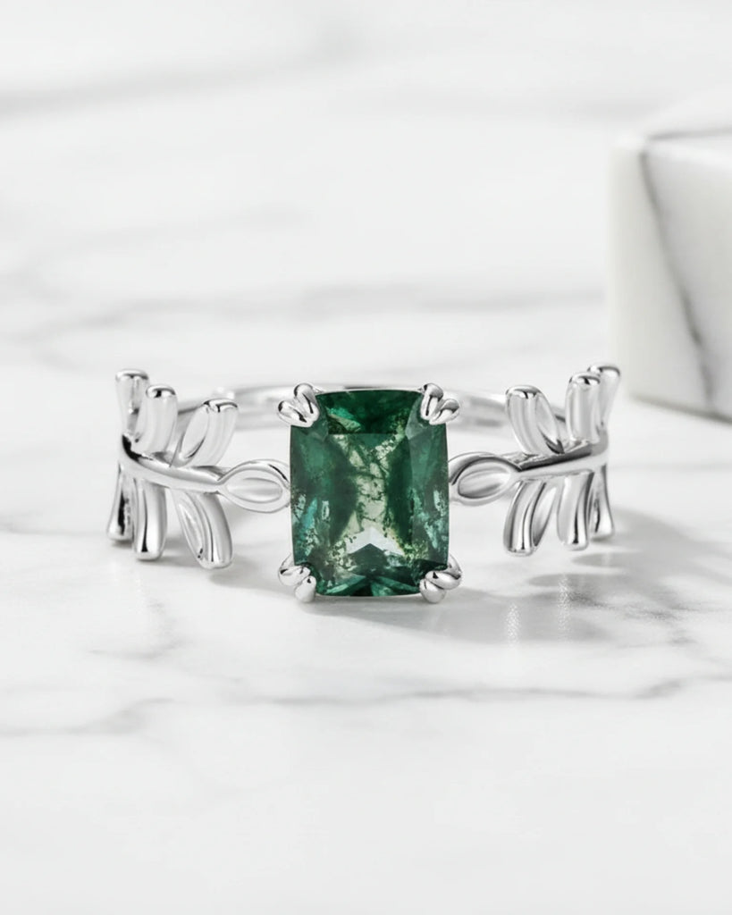 Moss Agate Ring Emerald Cut - Sterling Silver Moss Agate Open Band Ring with Leaf Design