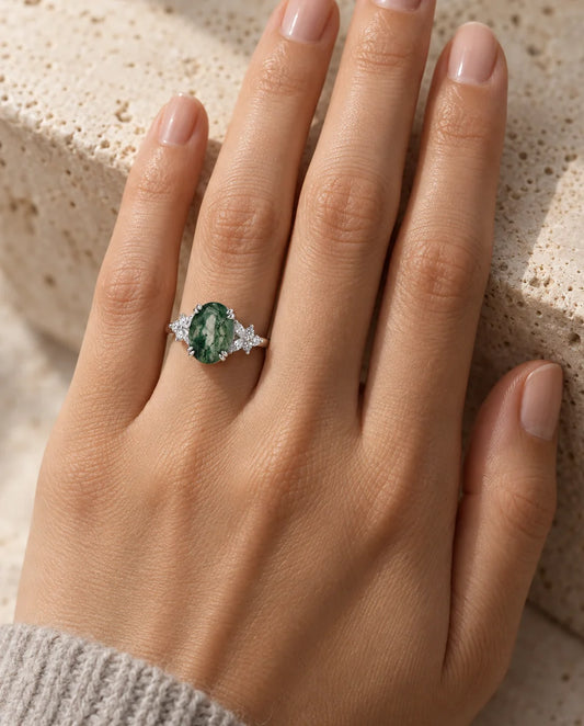 Moss Agate Ring - worn on the hand