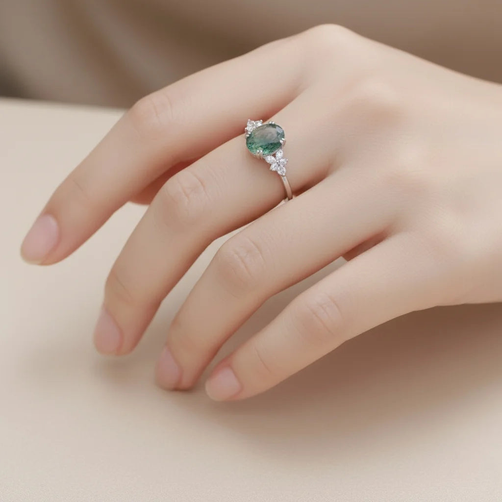 Moss Agate Ring for Women - Oval Cut Sterling Silver Ring - Unique Dainty Promise Ring