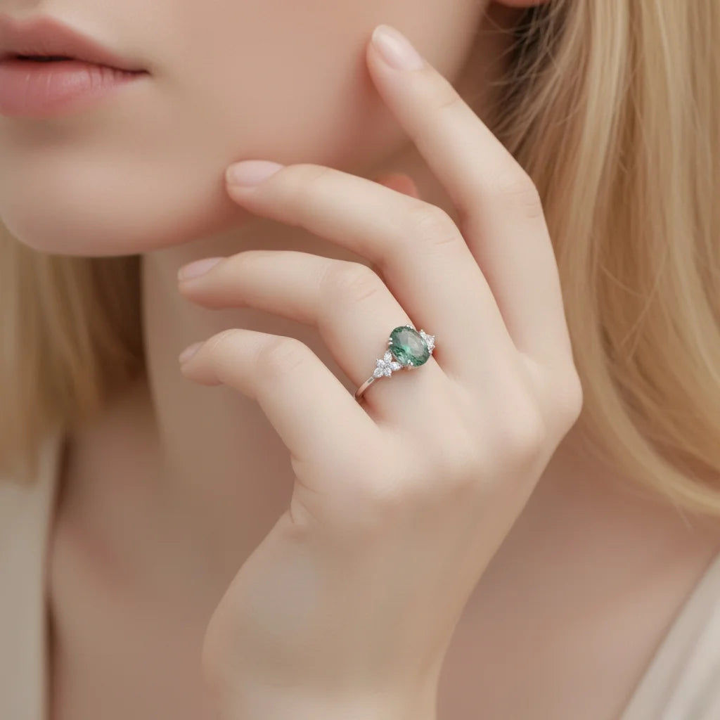 Moss Agate Ring for Women - Oval Cut Sterling Silver Ring - Unique Dainty Promise Ring