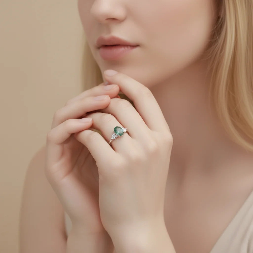 Moss Agate Ring for Women - Oval Cut Sterling Silver Ring - Unique Dainty Promise Ring