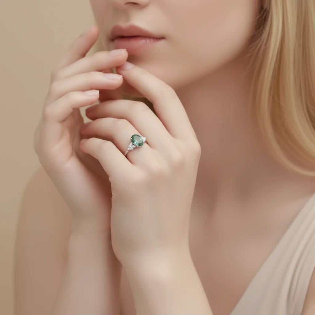 Moss Agate Ring for Women - Oval Cut Sterling Silver Ring - Unique Dainty Promise Ring
