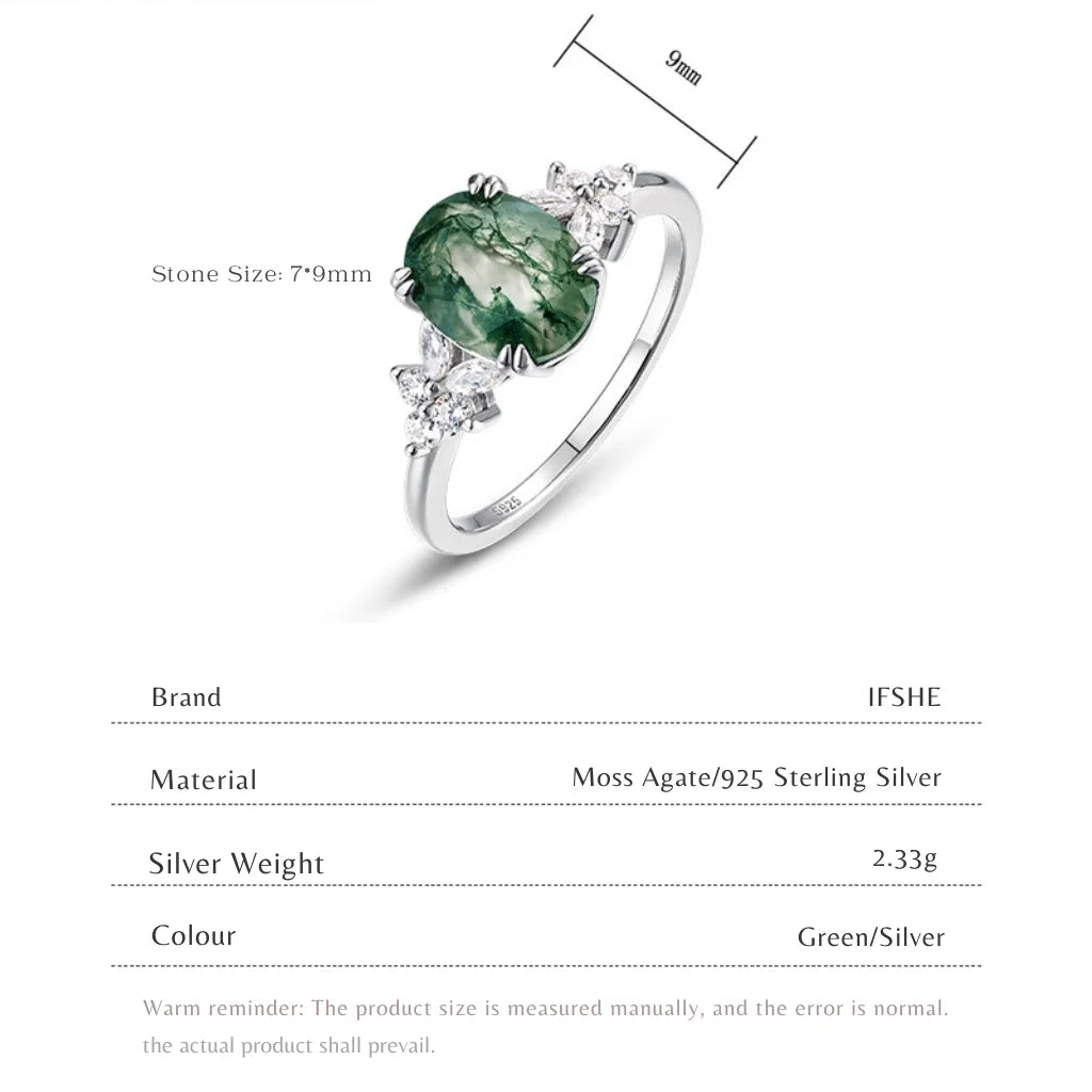 Moss Agate Ring for Women - Oval Cut Sterling Silver Ring - Unique Dainty Promise Ring