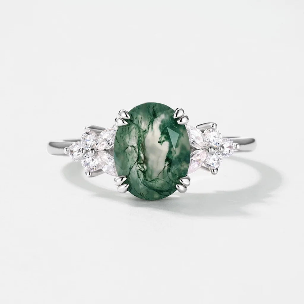 Moss Agate Ring for Women - Oval Cut Sterling Silver Ring - Unique Dainty Promise Ring