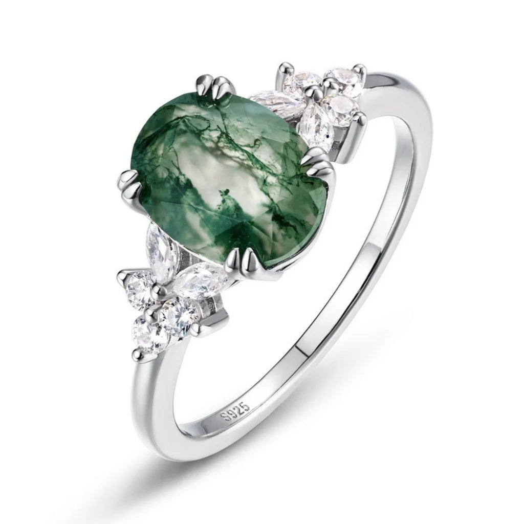 Moss Agate Ring for Women - Oval Cut Sterling Silver Ring - Unique Dainty Promise Ring