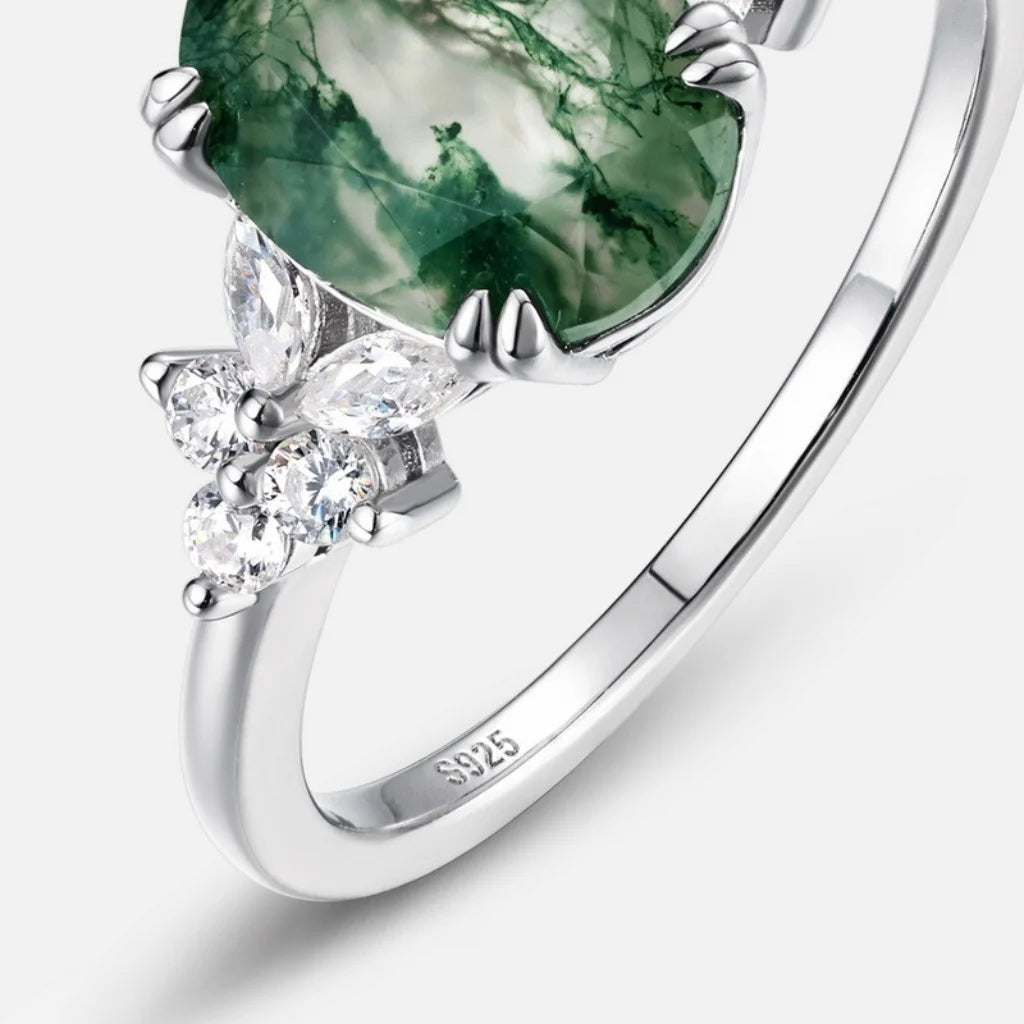 Moss Agate Ring for Women - Oval Cut Sterling Silver Ring - Unique Dainty Promise Ring