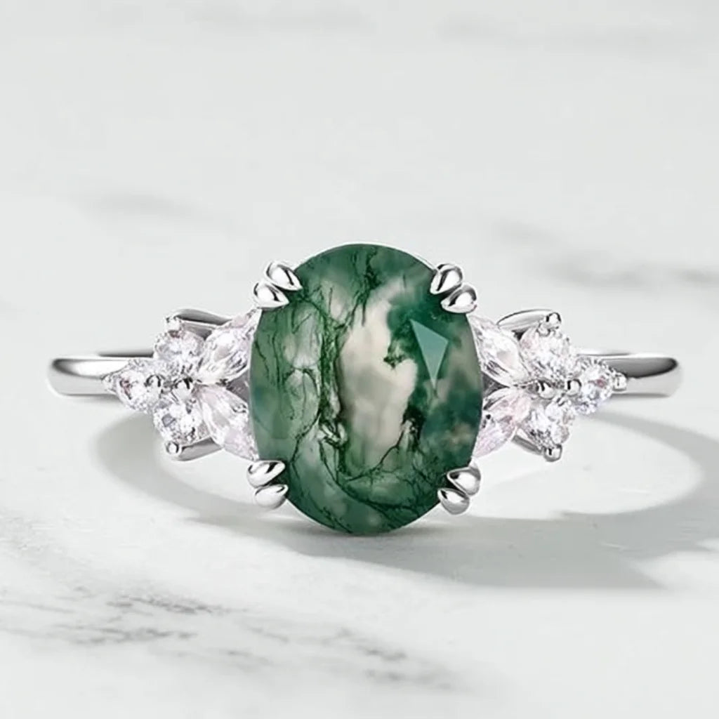 Moss Agate Ring for Women - Oval Cut Sterling Silver Ring - Unique Dainty Promise Ring