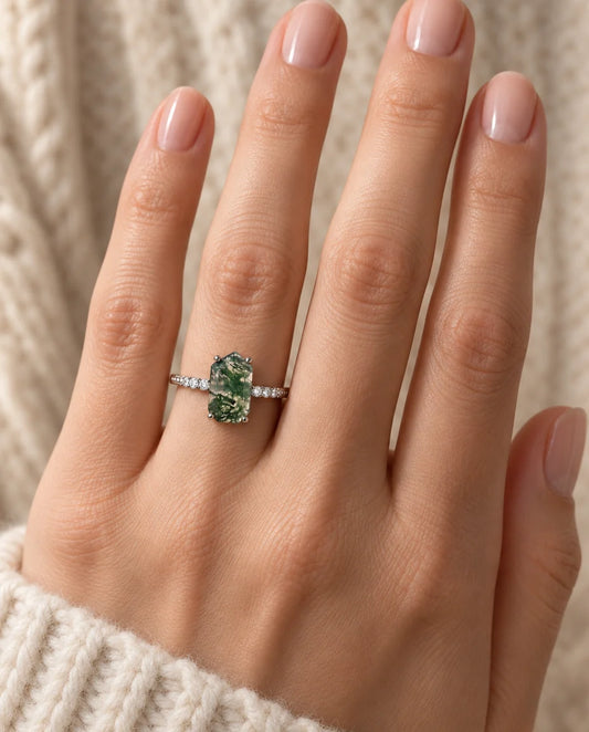 Emerald-Cut Moss Agate Adjustable Ring - worn on the hand