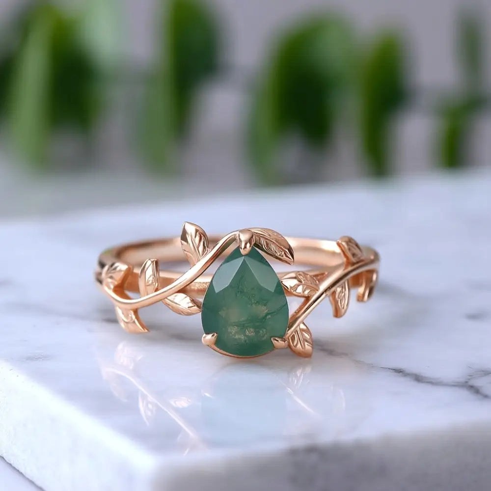 Moss Agate Ring Pear Cut Sterling Silver