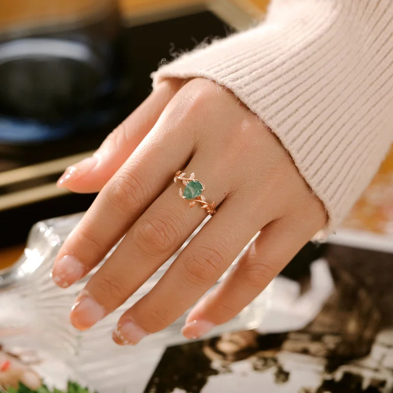 Moss Agate Ring Pear Cut Sterling Silver