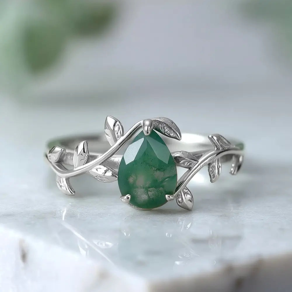 Moss Agate Ring Pear Cut Sterling Silver