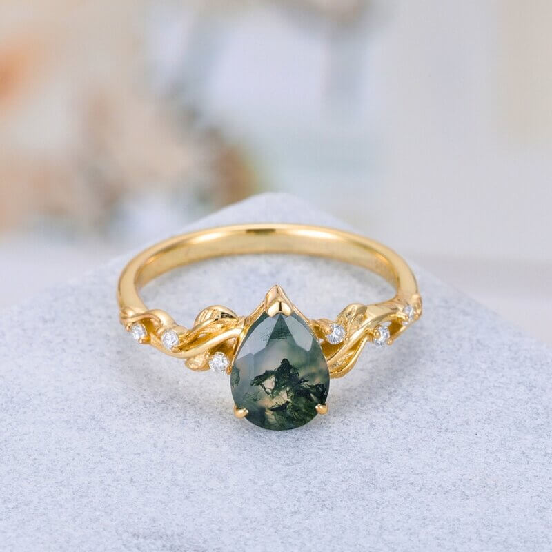 Green Moss Agate Ring Pear Shaped Sterling Silver