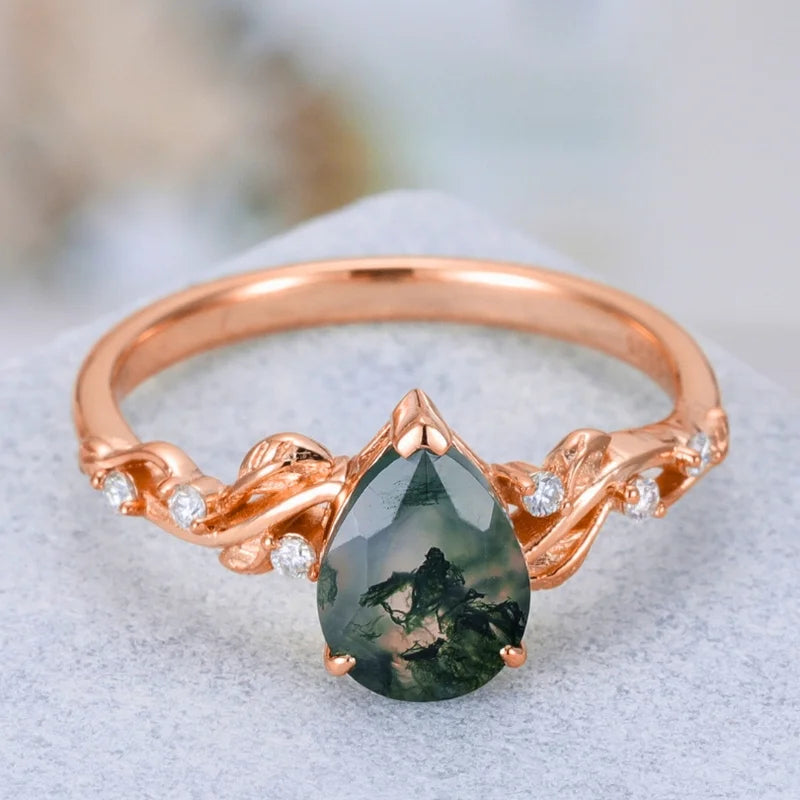 Green Moss Agate Ring Pear Shaped Sterling Silver