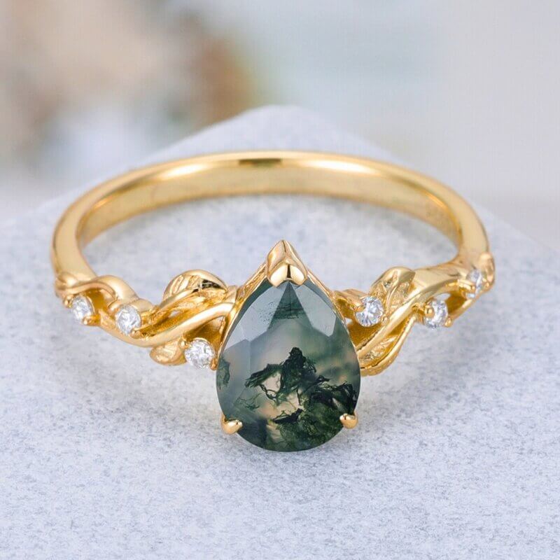 Green Moss Agate Ring Pear Shaped Sterling Silver