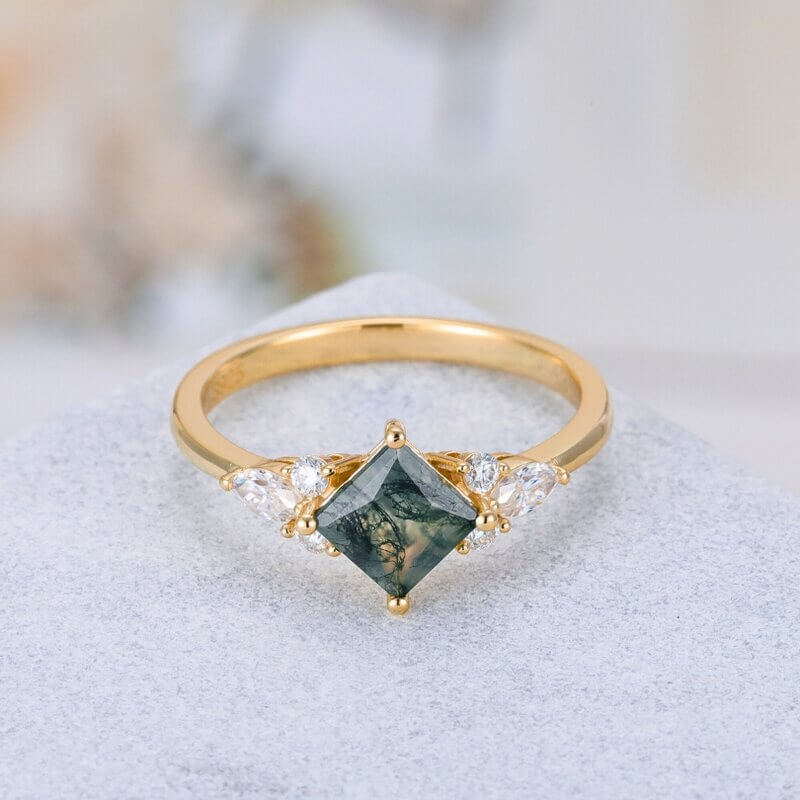 Moss Agate Ring Princess Cut Sterling Silver