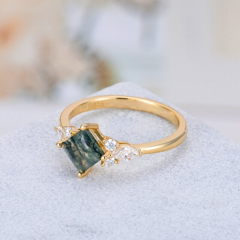 Moss Agate Ring Princess Cut Sterling Silver