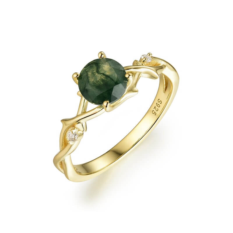Moss Agate Ring Round Shaped Sterling Silver
